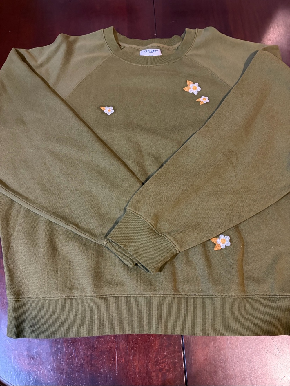 Old Navy Olive Green Crewneck Sweatshirt with Small Embroidered Flowers